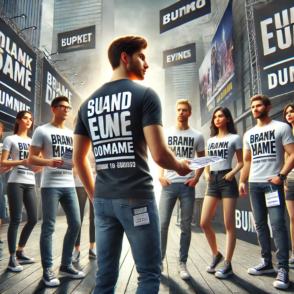 "Group of people wearing custom T-shirts with bold branding in a modern urban setting."