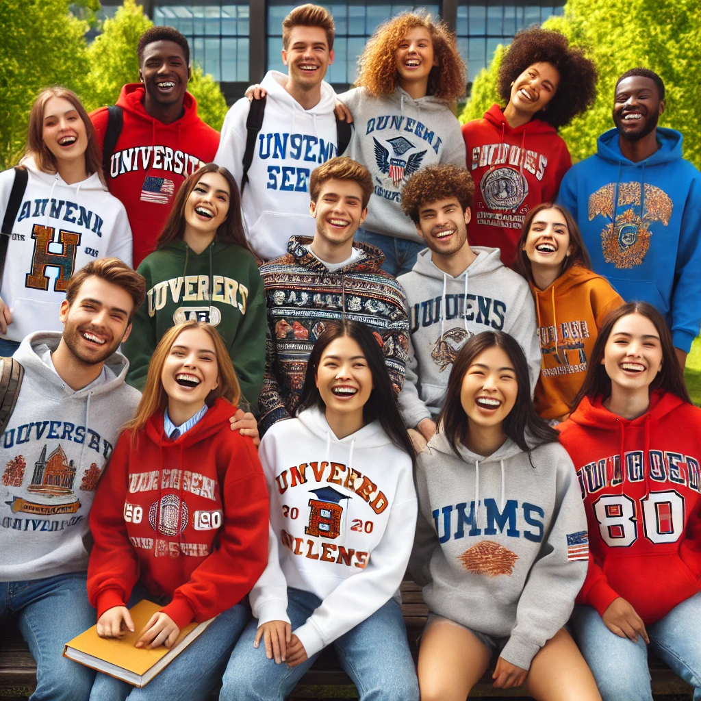 A diverse group of college students wearing custom hoodies with university-inspired designs, smiling outdoors.
