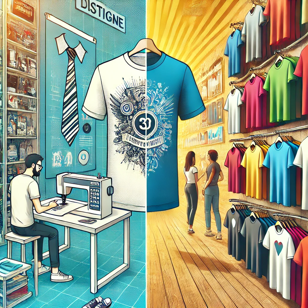 "Split image showing custom T-shirt design on the left and a vibrant T-shirt store display on the right."