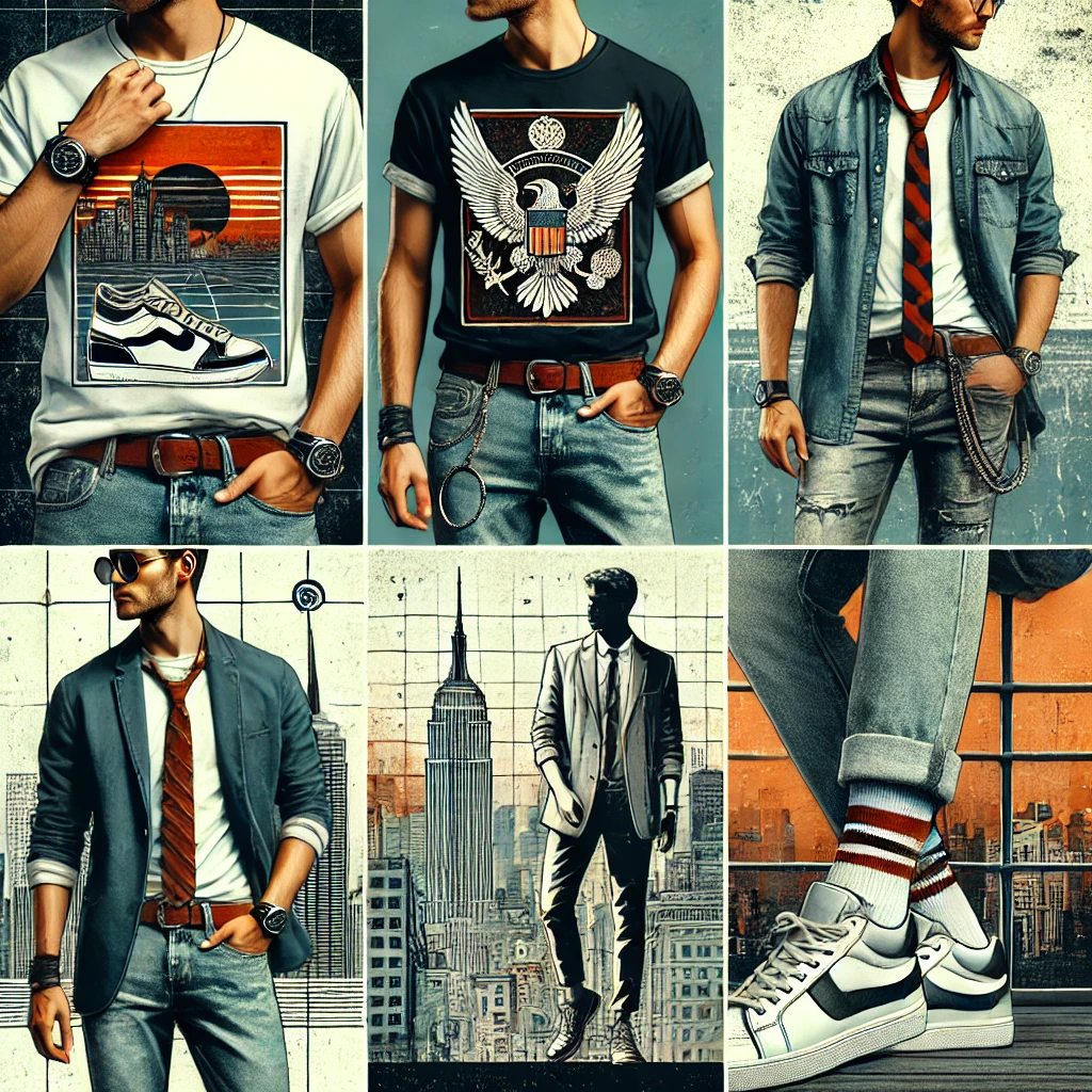 Collage of stylish men's outfits featuring graphic T-shirts, jackets, and sneakers