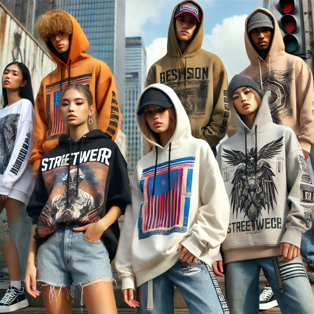 A group of young models wearing trendy streetwear hoodies in an urban setting.