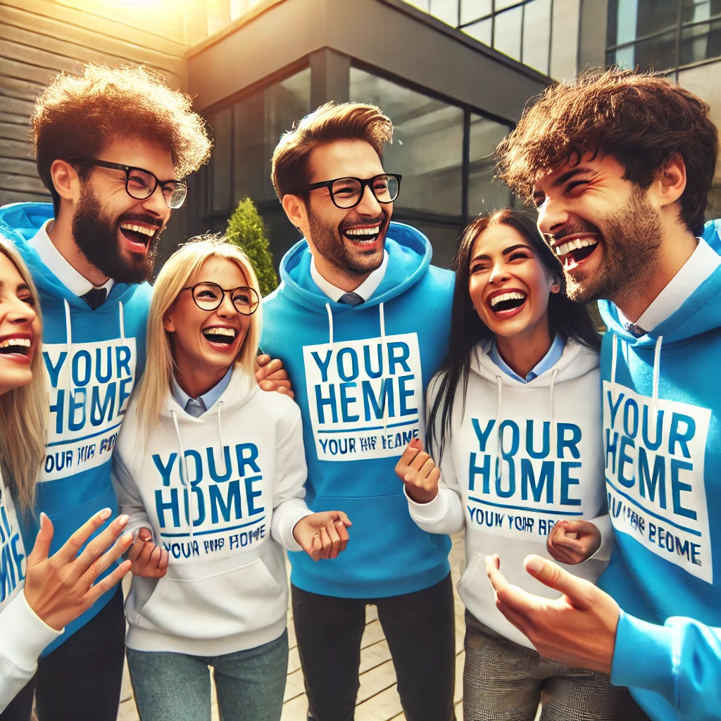 "Group of cheerful people wearing matching blue hoodies, laughing and enjoying time outdoors."