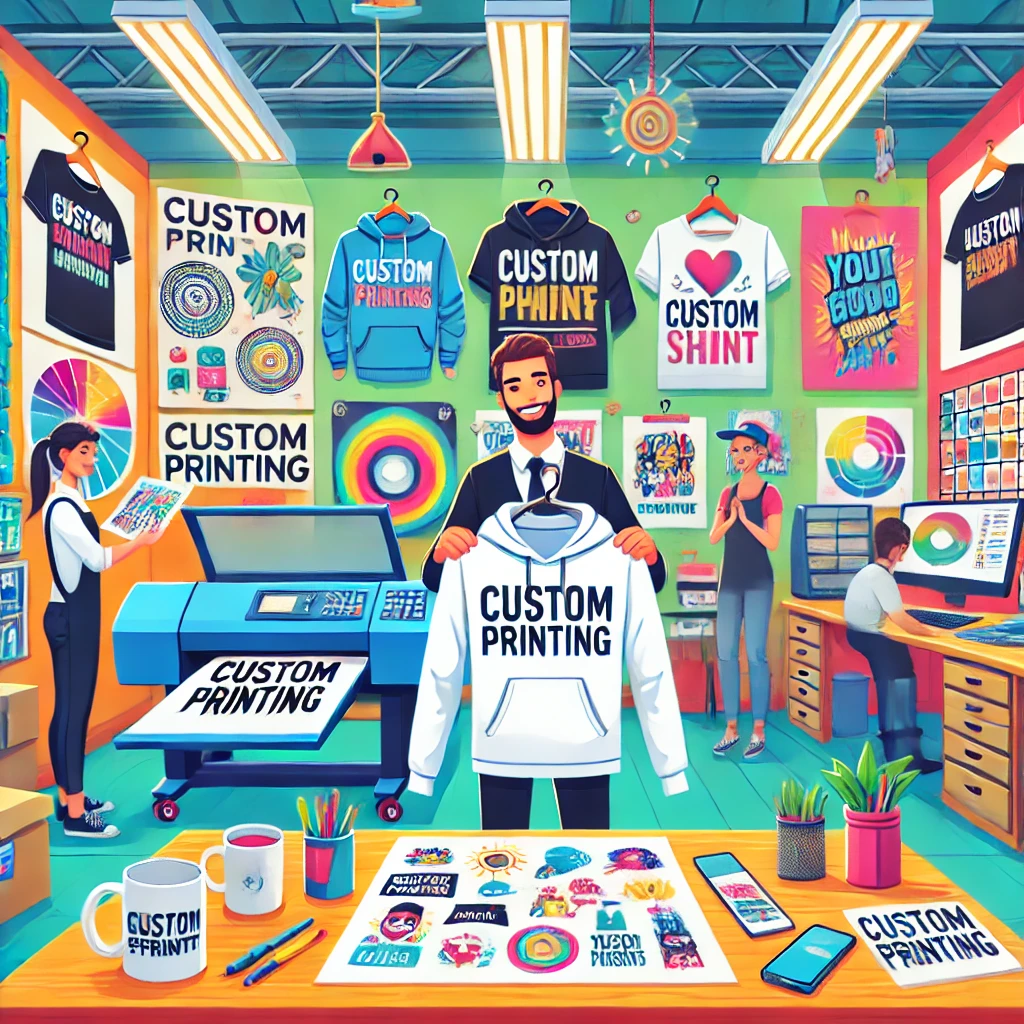 Vibrant custom printing shop with a designer holding a printed hoodie, surrounded by colorful apparel and equipment.