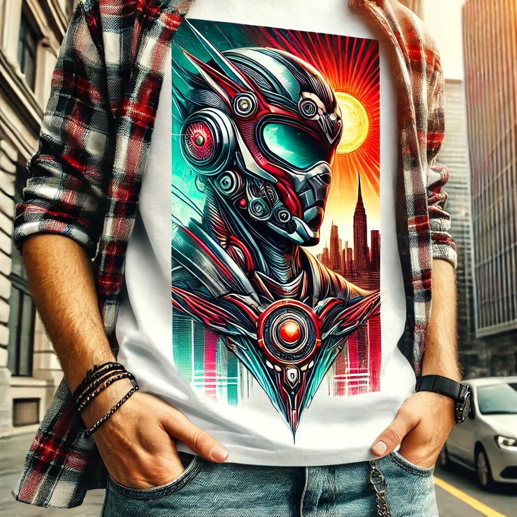 "Person wearing a custom T-shirt with a vibrant futuristic robot design."
