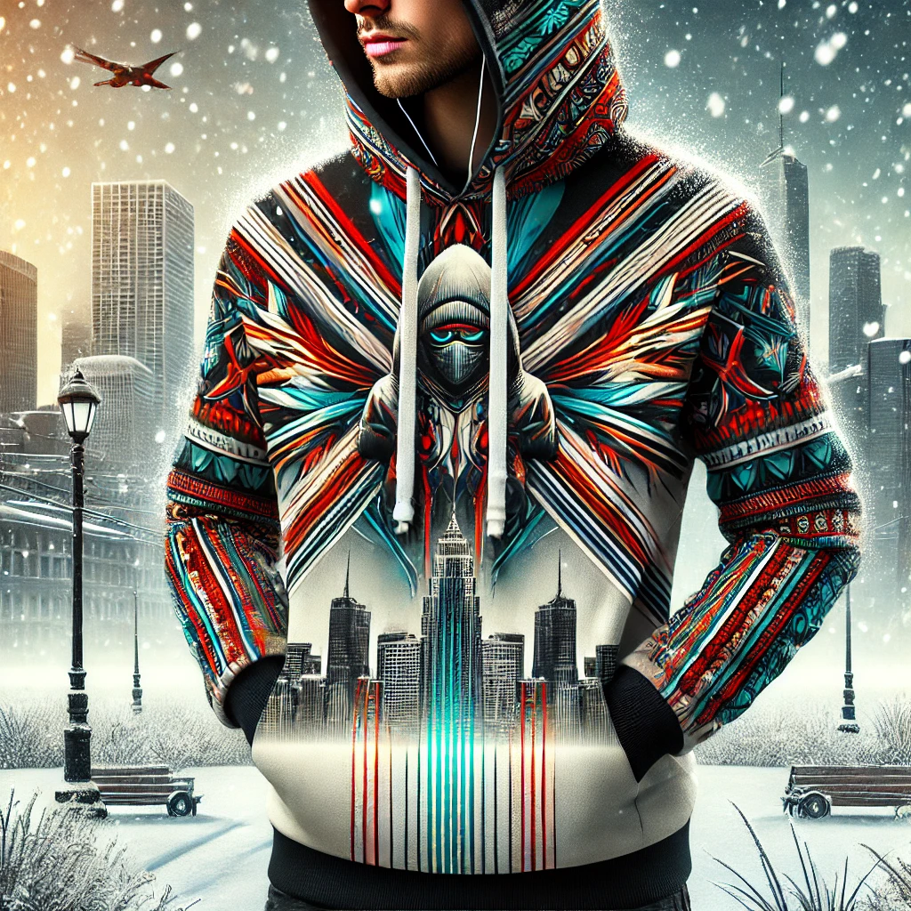 "Person wearing a custom hoodie with a vibrant abstract city and futuristic design."