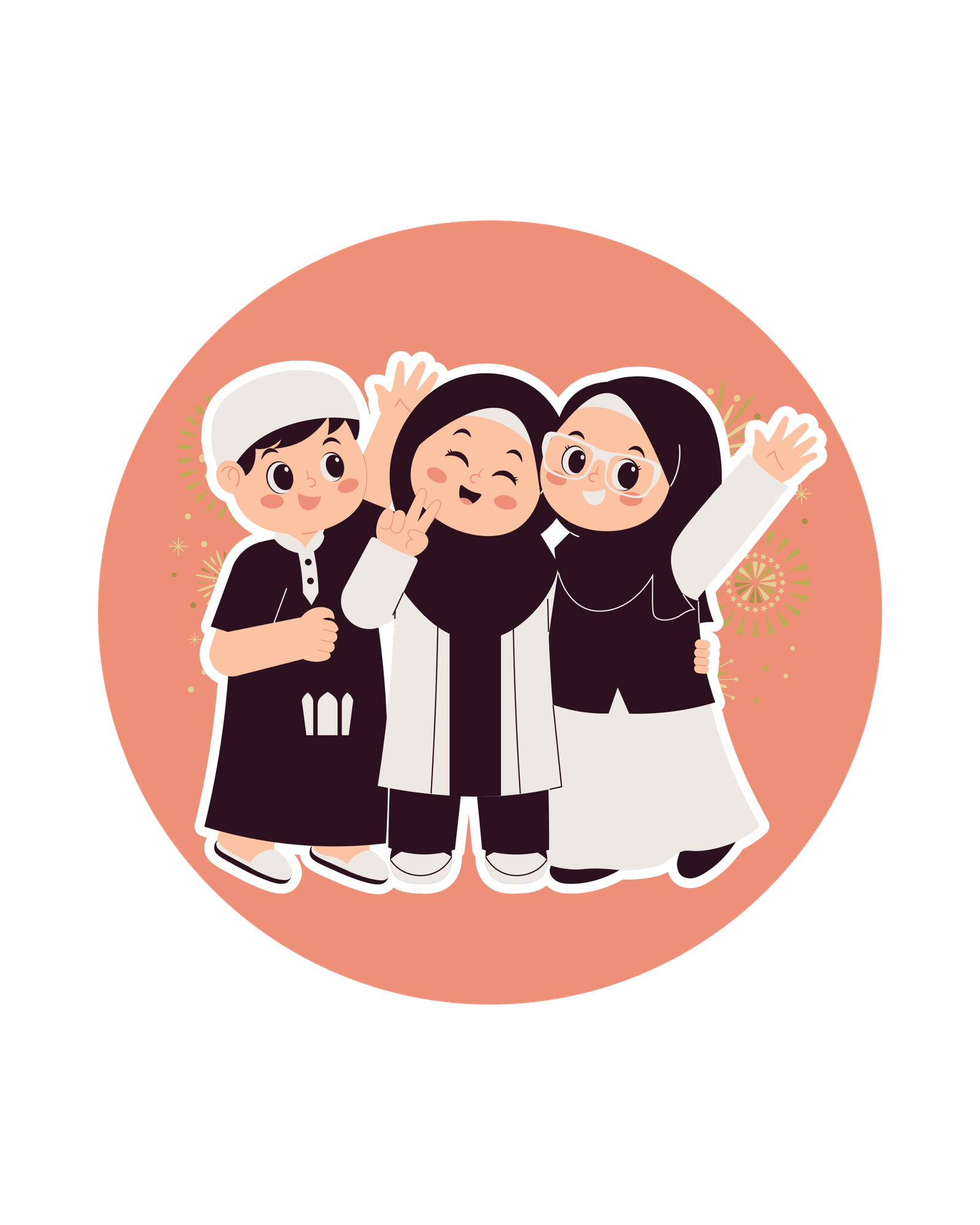 Eid Mubarak cartoon art featuring Muslim children in festive attire celebrating together — perfect for Islamic greeting cards, decor, or gifts.