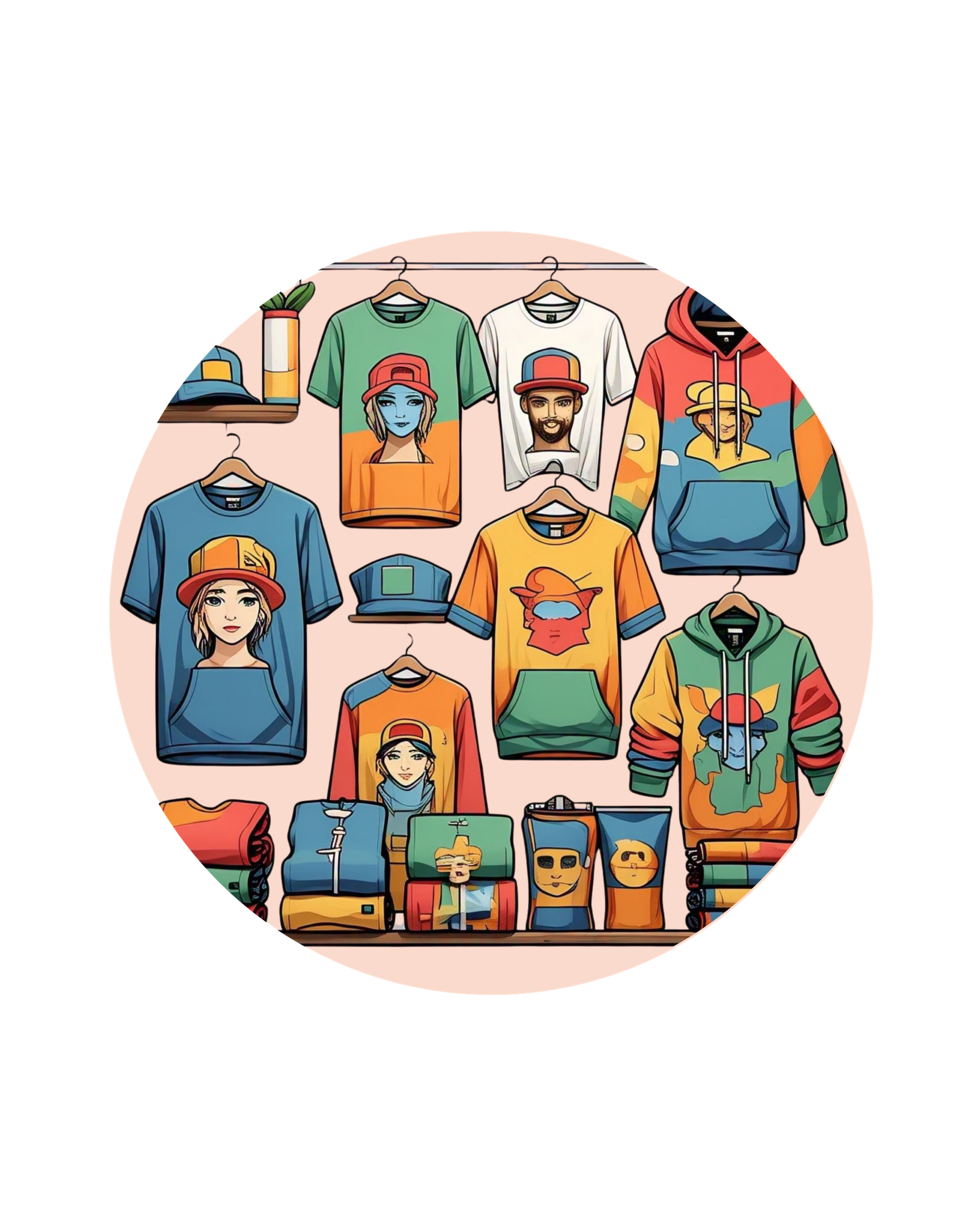 Cartoon-style apparel showcase with vibrant graphic hoodies, tees, and sweatshirts on display — ideal for promoting custom streetwear designs, fashion illustrations, or print-on-demand collections.