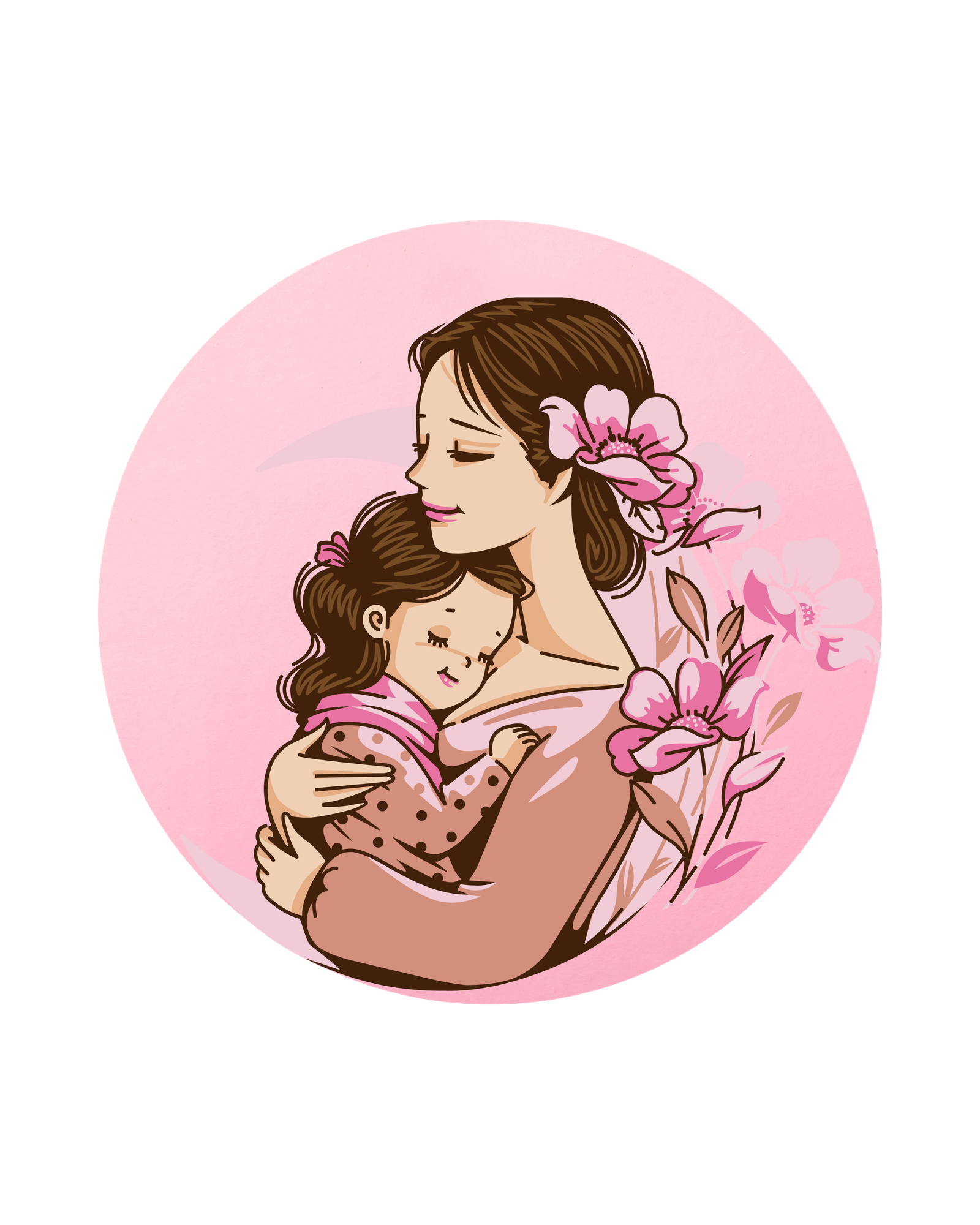 "Illustration of a mother lovingly hugging her daughter with pink flowers in hair and background, symbolizing maternal love and care