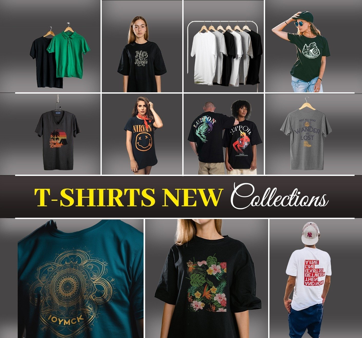 T-shirts new collection banner featuring a variety of graphic tees for men and women — bold streetwear, artistic prints, and minimalist styles in modern colors for casual wear.