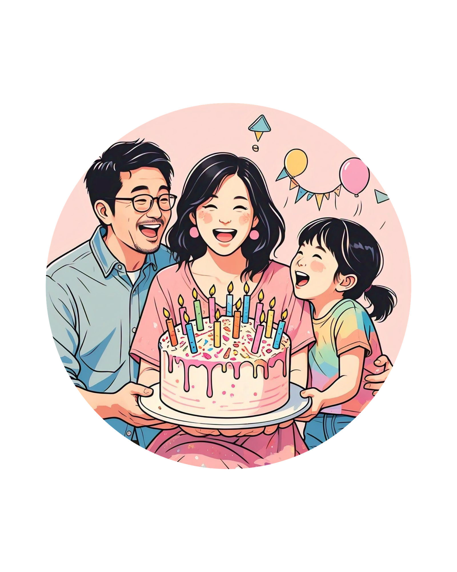Happy birthday illustration of a joyful family with cake, candles, and festive balloons — perfect for party invitations, greeting cards, or family-themed merch