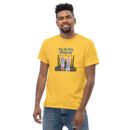 Man wearing yellow Eid Mubarak T-shirt with festive Arabic-inspired design