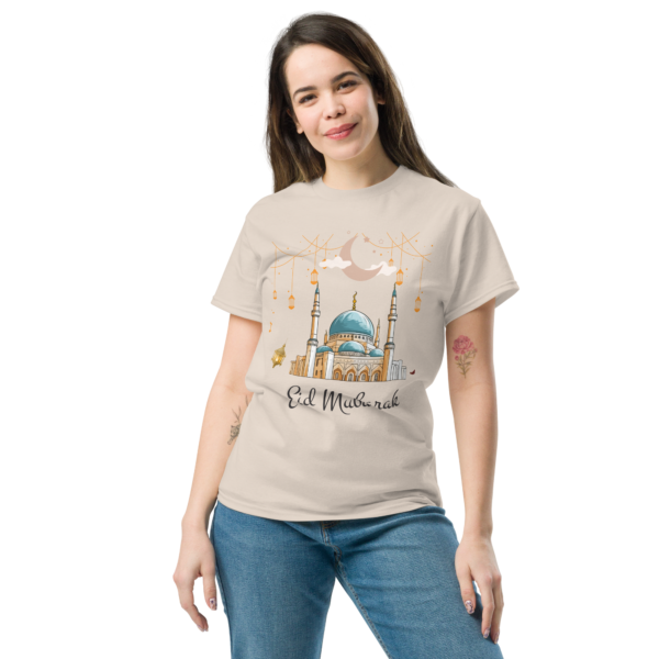 Eid Mubarak Mosque T-Shirt with Crescent Moon and Festival Design