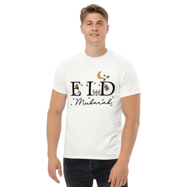 Man wearing a stylish Eid T-Shirt for Men with Islamic festive design