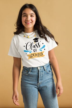 Smiling female graduate wearing a cute graduation shirt for women from the Class of 2025 collection.