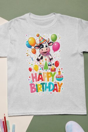 Cartoon cow birthday t-shirt for kids with party balloons and hats