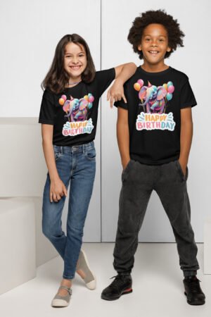Two kids wearing the Whimsical Elephant Birthday T-Shirt with colorful elephant design