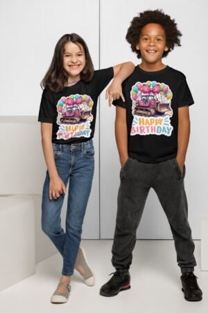 Girls wearing Pink Bulldozer Birthday T-Shirt – Cute Construction Theme Tee