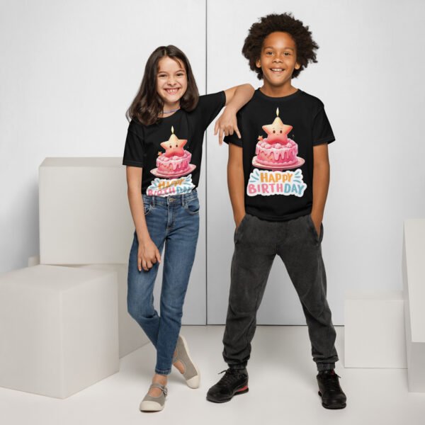 Whimsical Kids Birthday Cake T-Shirt - Fun Cartoon Pink Cake with Smiling Star - Cute & Playful Gift for All Ages - Image 2