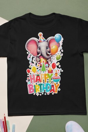 Cartoon elephant birthday t-shirt in black with colorful design and balloons