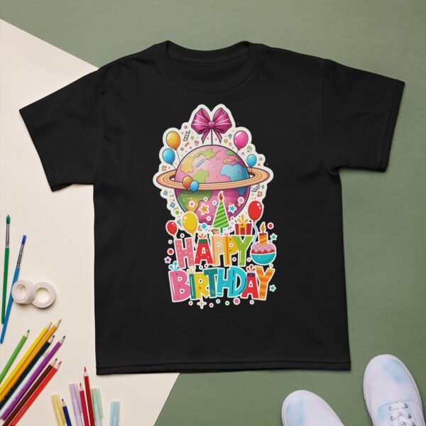 Whimsical Kids Birthday T-Shirt – Globe & Balloons Party Design - Image 2