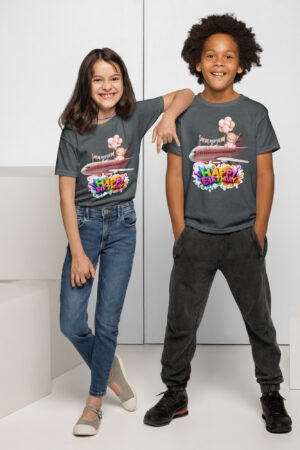 Cute pilot t-shirt with teddy bear flying pink airplane and balloons