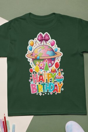 Kids birthday t-shirt with colorful globe and balloons design
