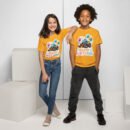 Two kids wearing yellow construction digger birthday shirts with cartoon trucks – pkhubofficial.com