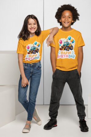 Two kids wearing yellow construction digger birthday shirts with cartoon trucks – pkhubofficial.com