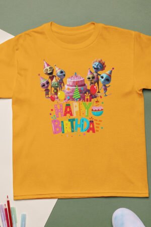 Yellow kids birthday t-shirt with colorful cartoon alien characters