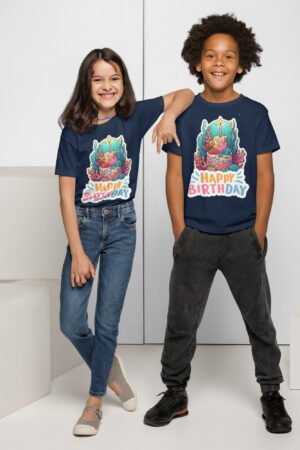 Two kids in blue Underwater Kids Birthday T-Shirts with colorful ocean-themed graphics including coral and fish