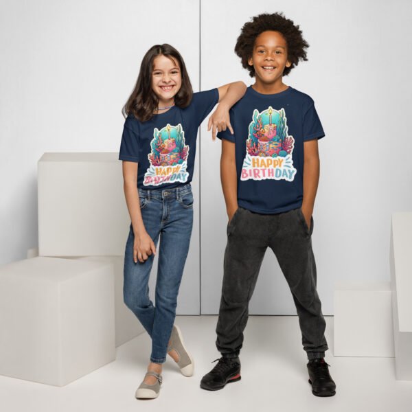 Two kids in blue Underwater Kids Birthday T-Shirts with colorful ocean-themed graphics including coral and fish