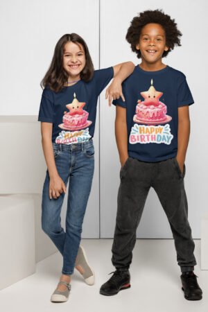 Whimsical Kids Birthday Cake T-Shirt - Fun Cartoon Pink Cake with Smiling Star - Cute & Playful Gift for All Ages