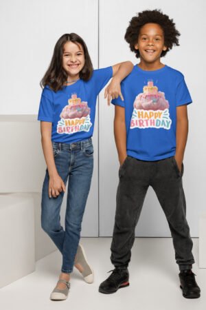 Two kids smiling in blue birthday cake t-shirts with floating cake design