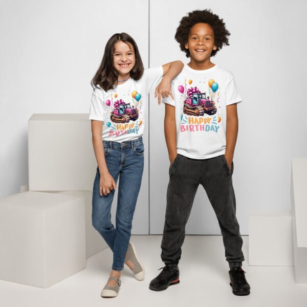 Kids wearing pink and blue tractor birthday shirts with balloons and farm-themed print – pkhubofficial.com