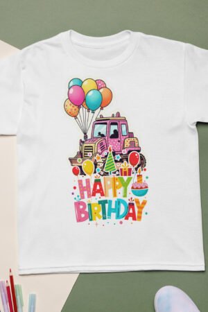 Cute pink tractor t-shirt for toddler girls with farm birthday design