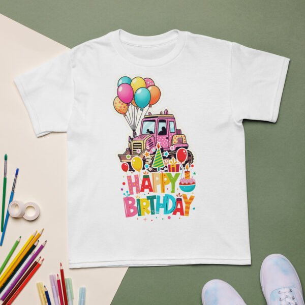Cute pink tractor t-shirt for toddler girls with farm birthday design