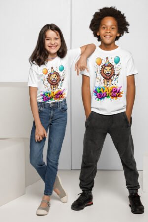 Smiling child wearing a Cartoon Lion Kids T-Shirt with a cute jungle design.