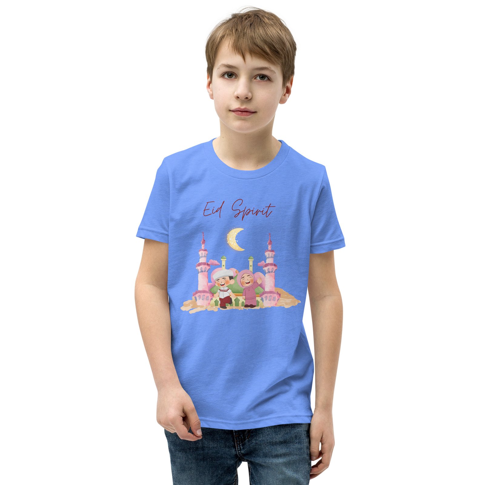 Boy wearing blue Eid Spirit kids T-shirt with Islamic mosque print