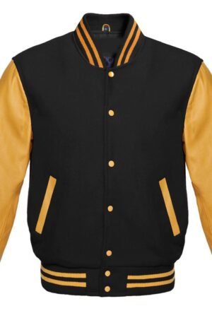 A black varsity jacket is shown.