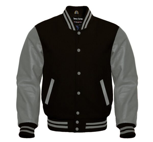 A black varsity jacket is shown.