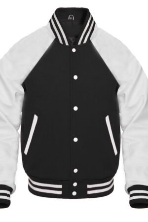 Black varsity jacket with a wool body and white genuine leather raglan sleeves. Features a front closure, quilted lining, and leather pocket welts.