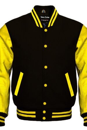 Plain black varsity jacket features a wool body and optional leather sleeves. It has a front closure, quilted lining, and leather-trimmed pockets.
