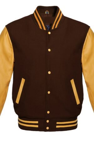A brown varsity jacket featuring reglan sleeves is displayed.