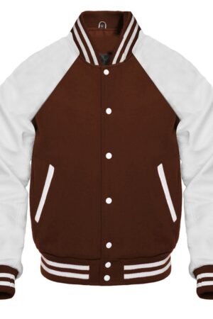 A brown varsity jacket featuring reglan sleeves is displayed.