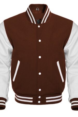 Brown varsity jacket features a wool body and optional leather sleeves. It has a front closure, quilted lining, and leather-trimmed pockets.