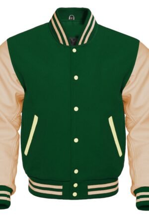 Green varsity jacket features a wool body and optional leather sleeves in a classic design. It has a front closure, quilted lining, and leather-trimmed pockets.