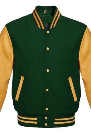A forest green varsity jacket is shown.