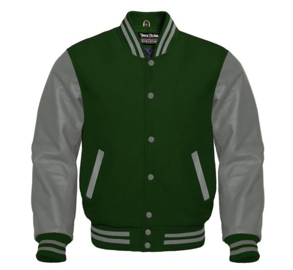 Dark green varsity jacket with faux leather sleeves and ribbed trim