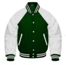 A green varsity jacket with reglan sleeves is displayed.