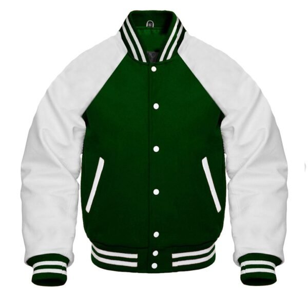A green varsity jacket with reglan sleeves is displayed.
